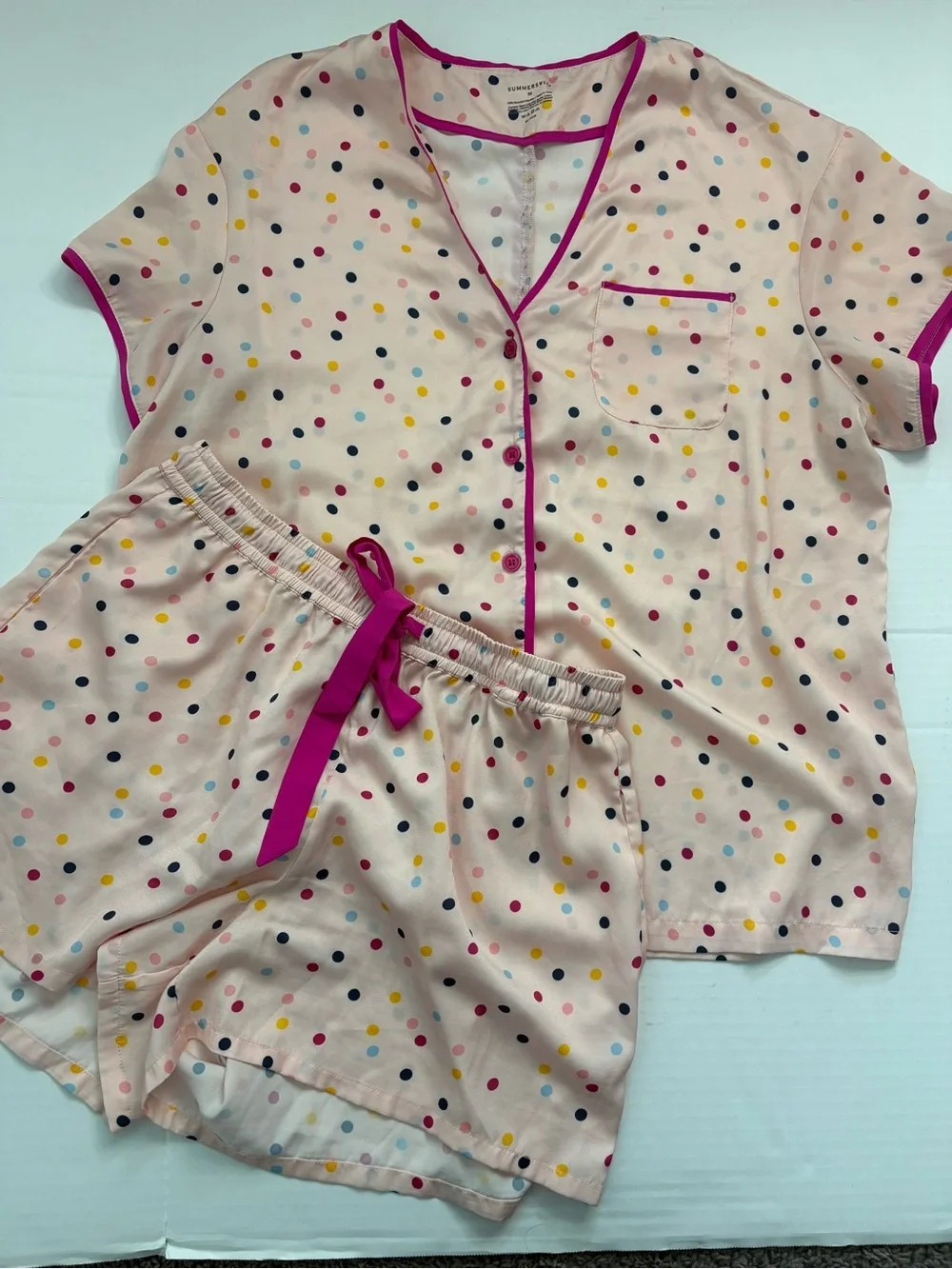 Summersalt pajama Set button-down short sleeve top tie-waist shorts polka dot
